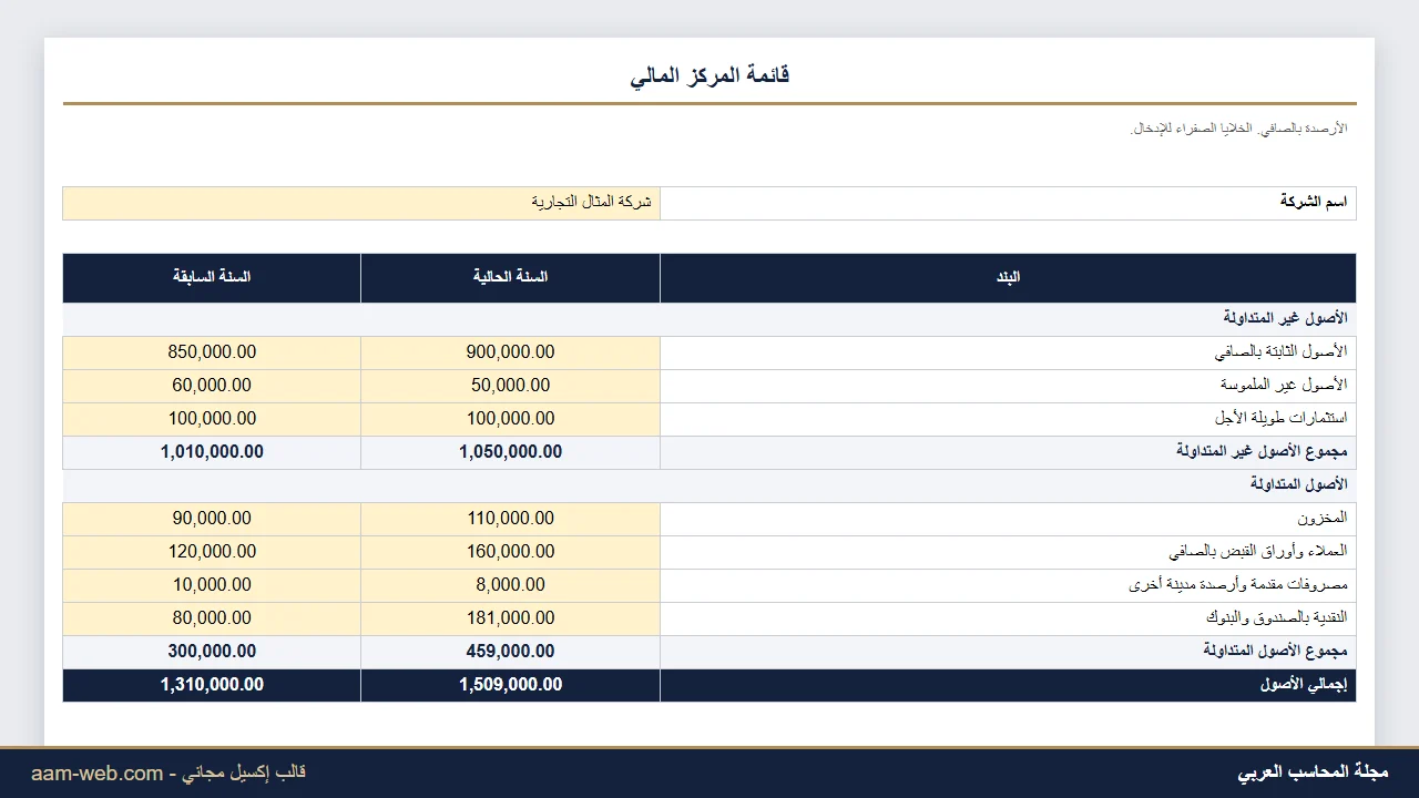الميزانية العمومية إكسيل (قائمة المركز المالي) مع نسب السيولة