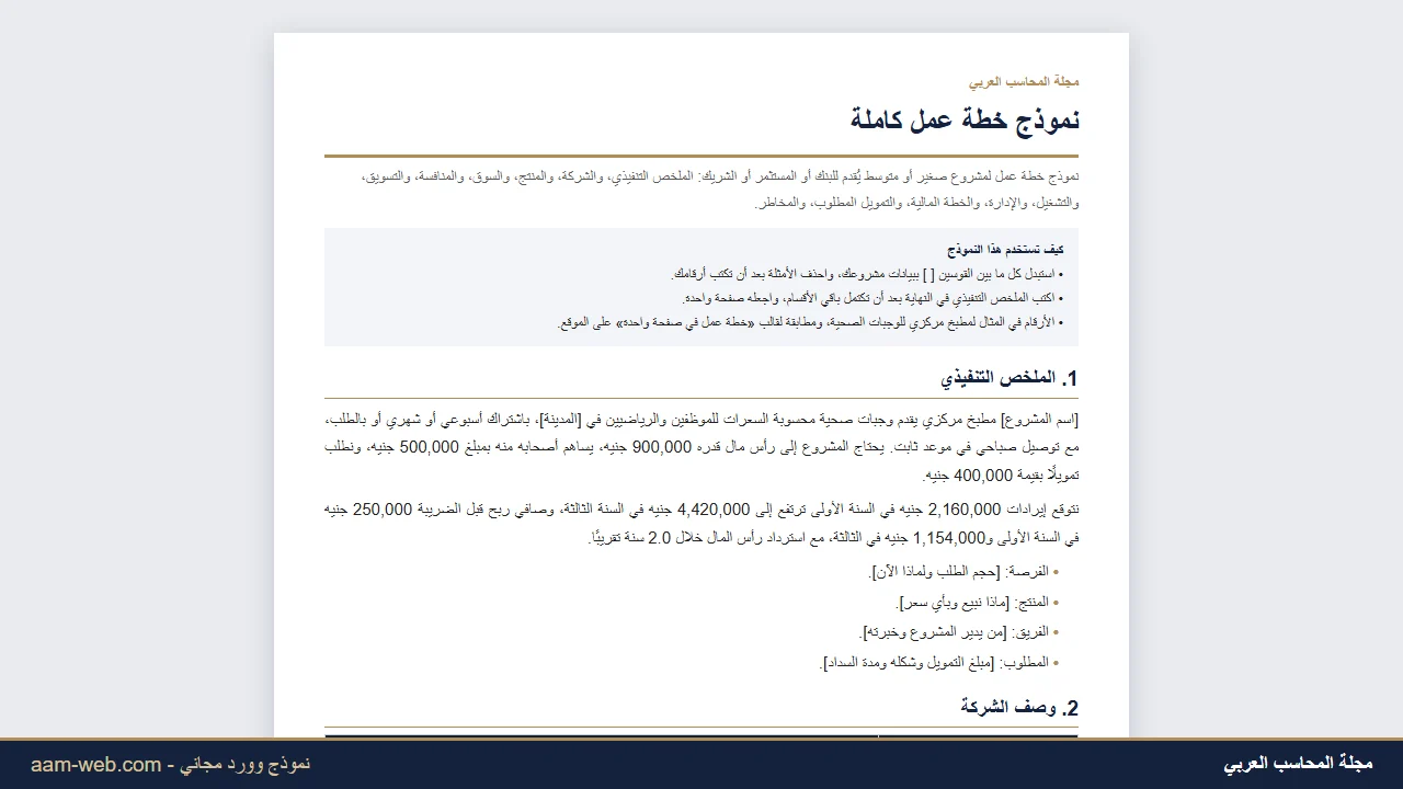 نموذج خطة عمل كاملة وورد Business Plan