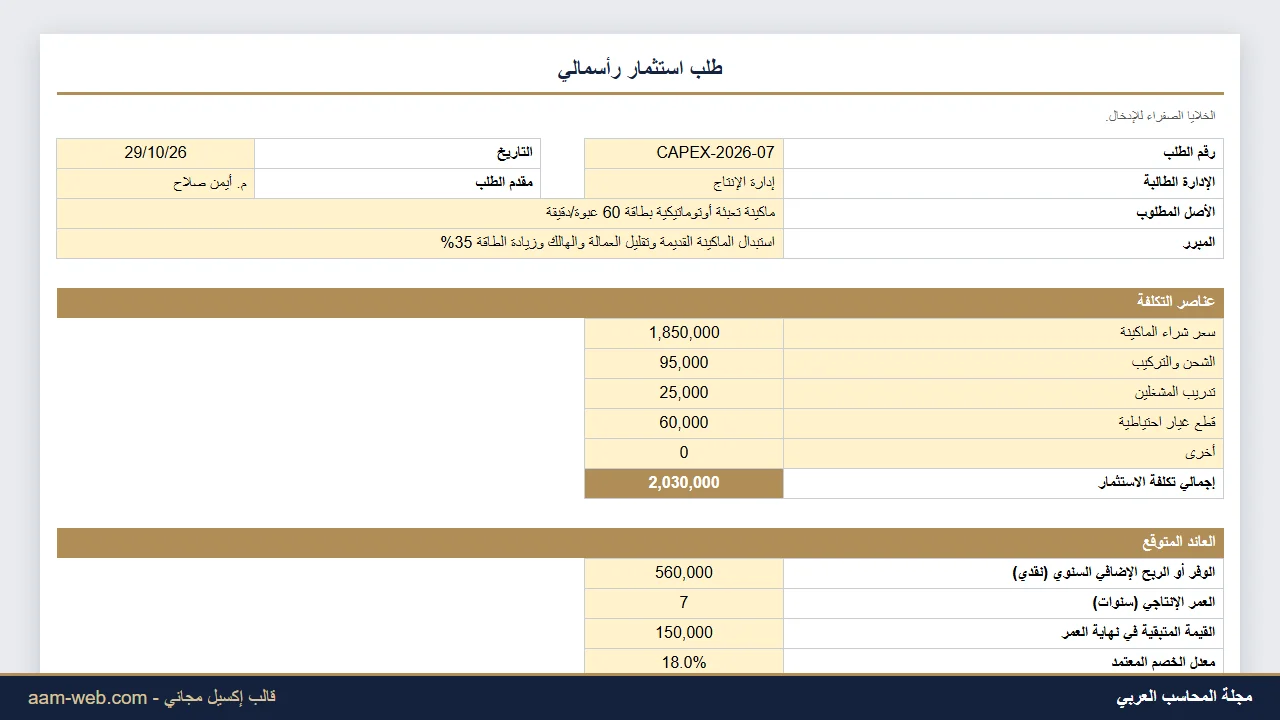 نموذج طلب استثمار رأسمالي CAPEX إكسيل