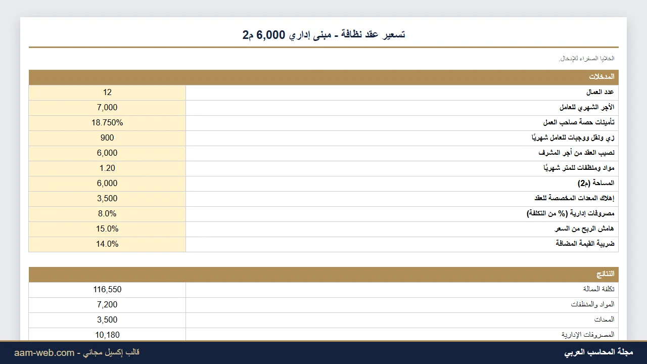 تسعير عقد شركة النظافة والخدمات إكسيل