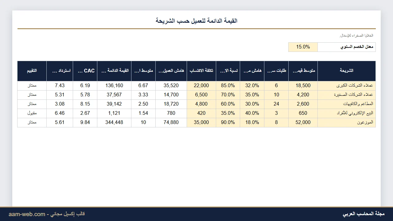 القيمة الدائمة للعميل CLV مقابل تكلفة اكتسابه إكسيل
