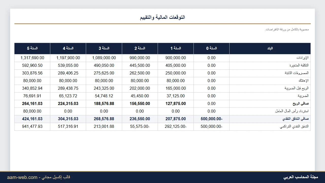 دراسة جدوى مالية لمشروع صغير إكسيل - 5 سنوات