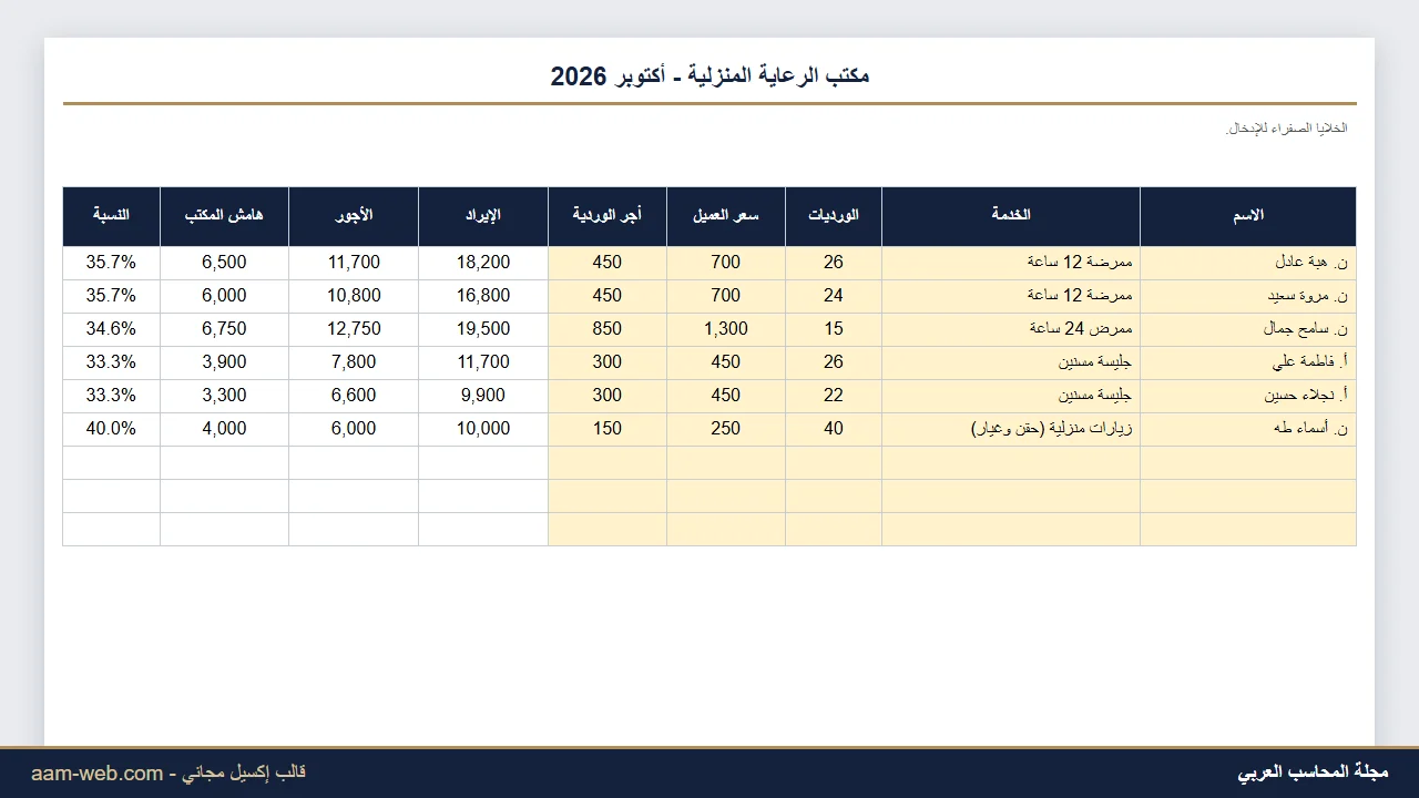 ربحية مكتب التمريض المنزلي وجليسات المسنين إكسيل