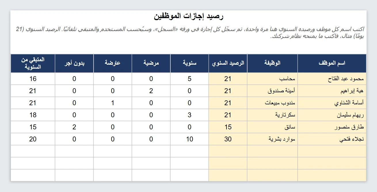 سجل إجازات الموظفين إكسيل