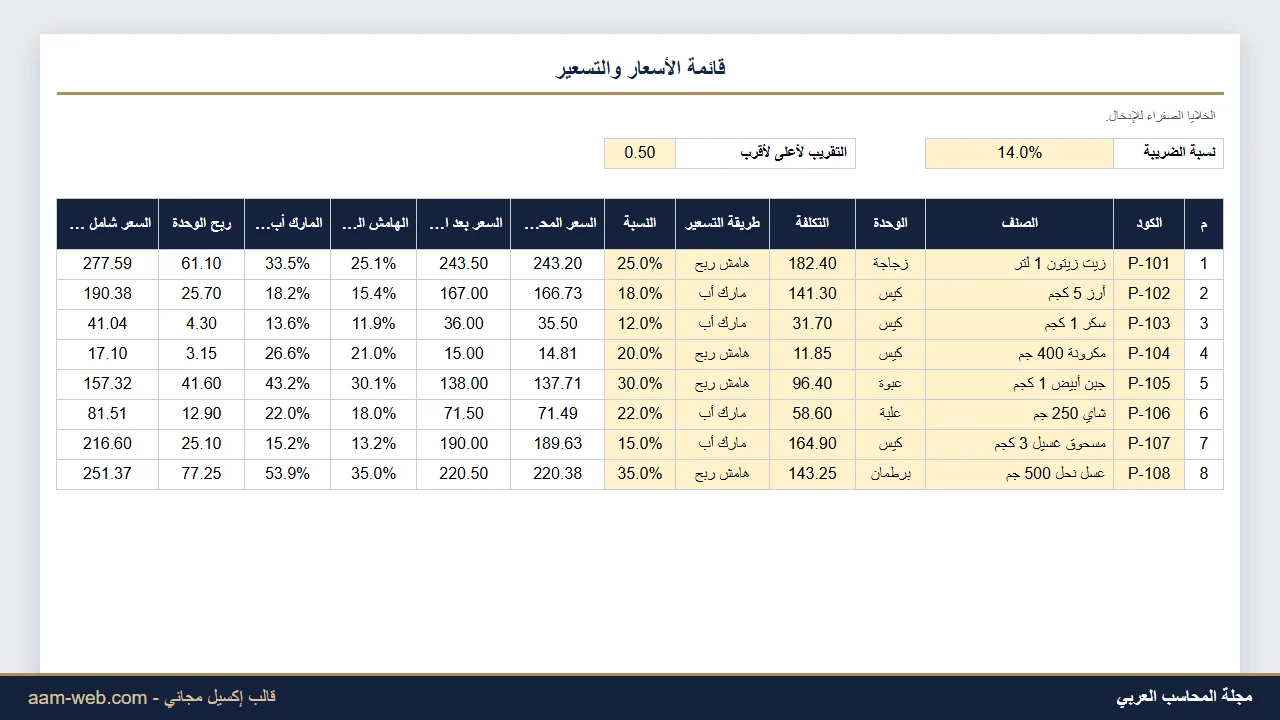قائمة الأسعار والتسعير بهامش الربح أو المارك أب إكسيل