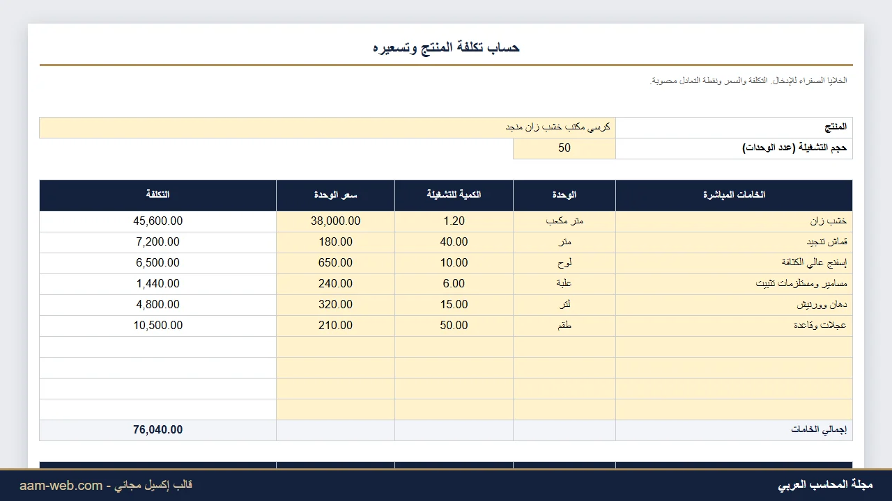 حساب تكلفة المنتج وتسعيره إكسيل
