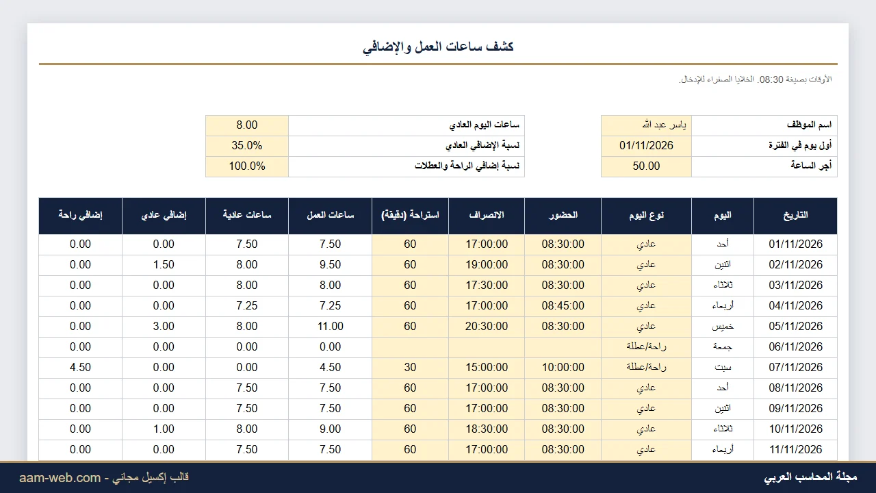 كشف ساعات العمل والإضافي إكسيل لأسبوعين