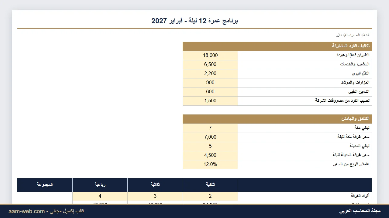 تسعير برنامج العمرة حسب نوع الغرفة إكسيل