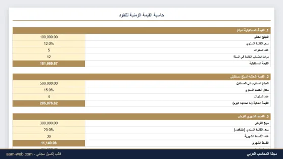 حاسبة القيمة الزمنية للنقود إكسيل