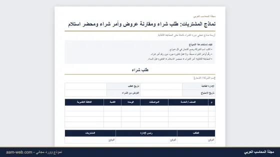 نماذج المشتريات: طلب شراء ومقارنة عروض أسعار وأمر شراء ومحضر استلام (وورد)